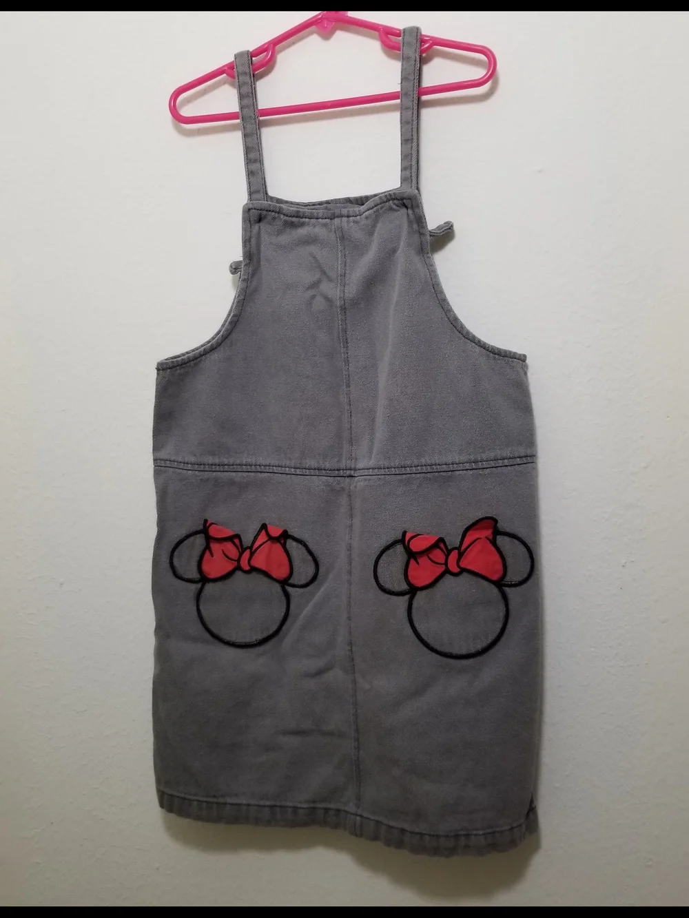 Disney 7/8 Gray Minnie Mouse Overall Jean Pinafore Jumper With Bow Pockets